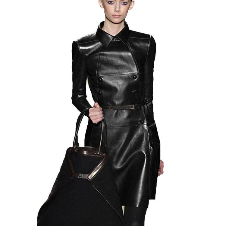 Double-breasted Long Leather T - Leather Work Jacket Women'S ulasan dan harga