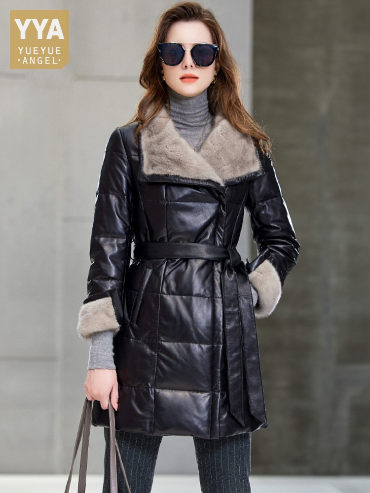 Elegant Ladies Mink Fur Collar - Leather Work Jacket Women'S ulasan dan harga