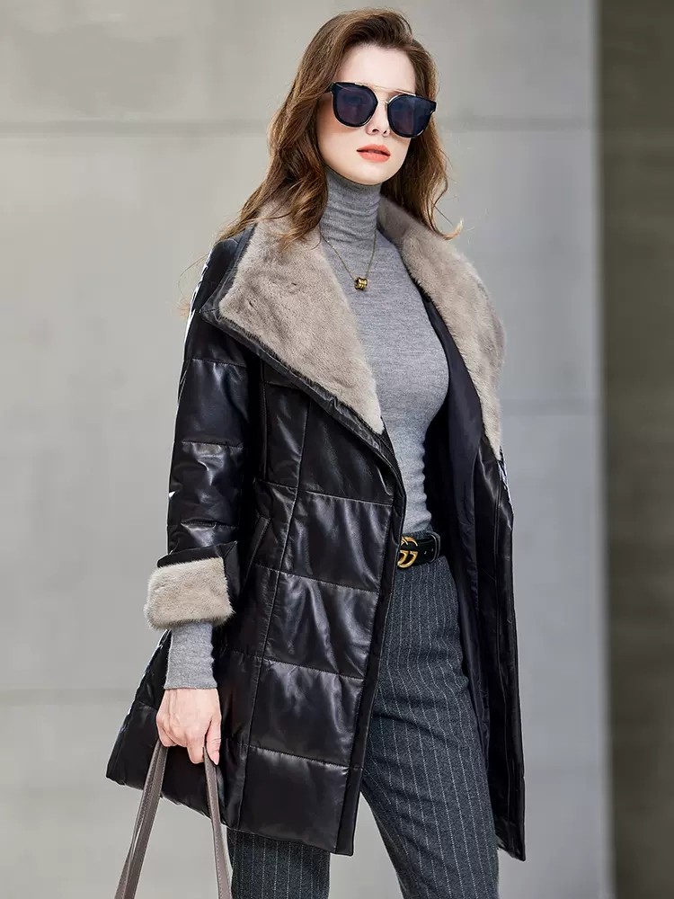 Elegant Ladies Mink Fur Collar - Leather Work Jacket Women'S ulasan dan harga